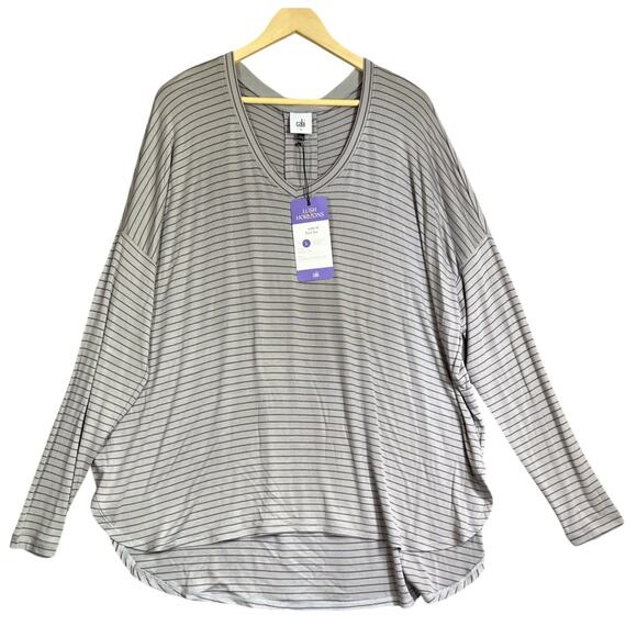 Cabi Shirt Womens Large Gray Plum Tee 4376 Pewter Stripe V Neck Long Sleeve NEW - Picture 1 of 9